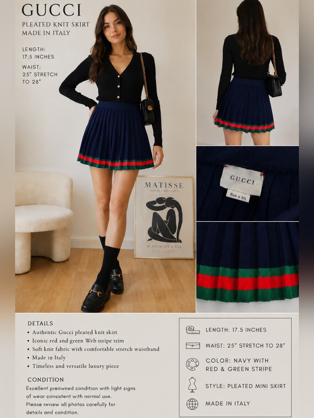 Gucci Web Stripe Pleated Knit Skirt Black Red Green Made in Italy